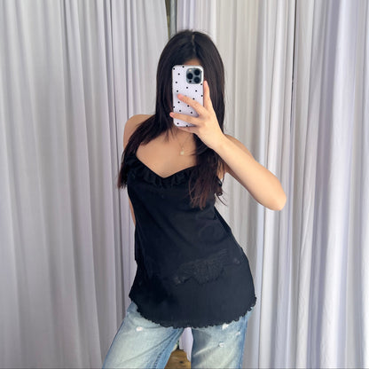 Hysteric Glamour Black Frill Pleated Butterfly Embroidery Criss Cross Long Camisole Top