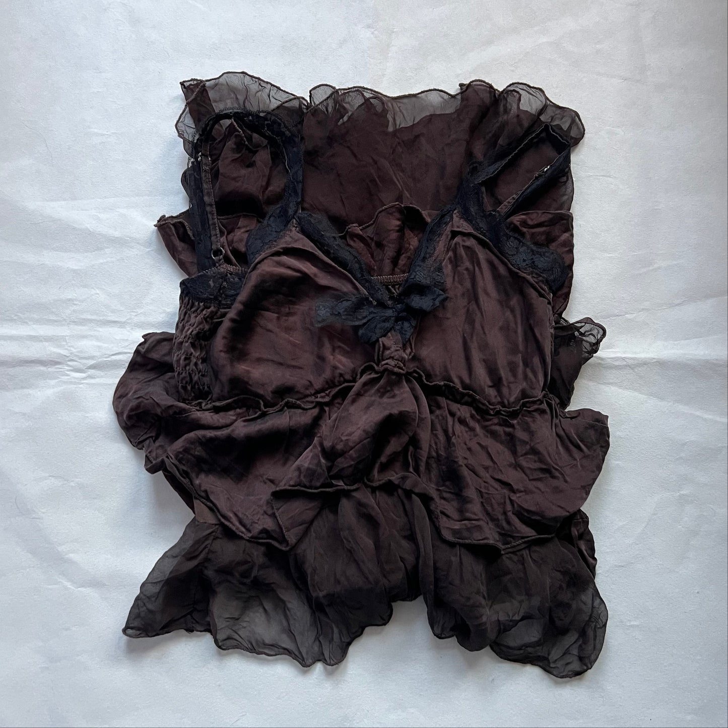 King Kong Romantic Brown Silk Ruffle Tiered Black Lace Midi Dress