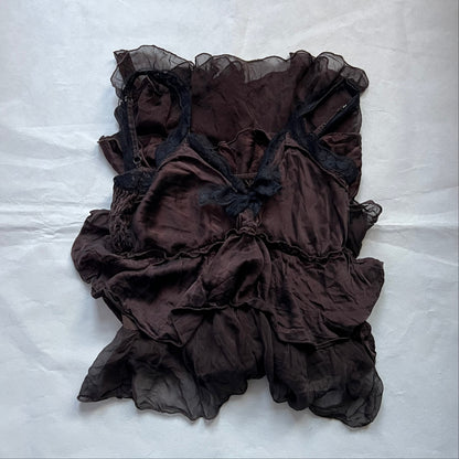 King Kong Romantic Brown Silk Ruffle Tiered Black Lace Midi Dress