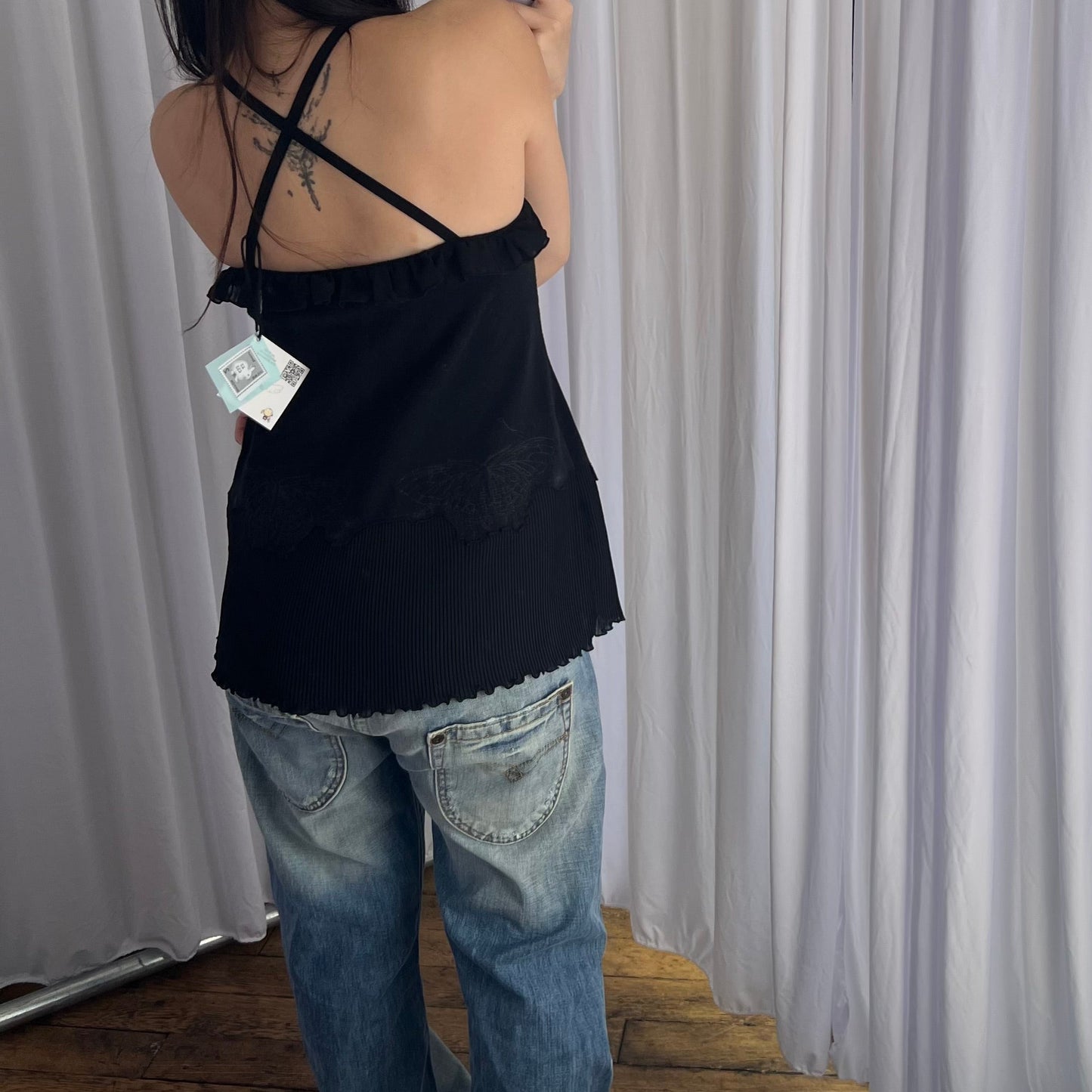 Hysteric Glamour Black Frill Pleated Butterfly Embroidery Criss Cross Long Camisole Top