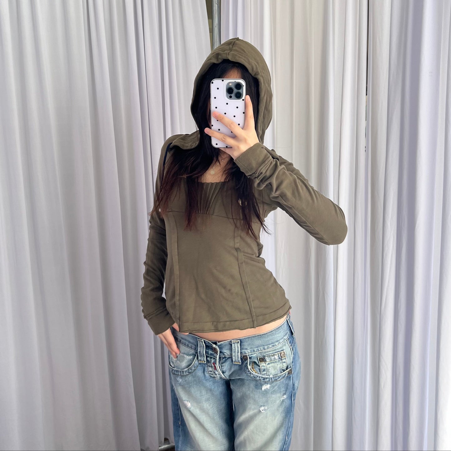 Khaki Miss Sixty Pleated Fitted Sweater Hoodie
