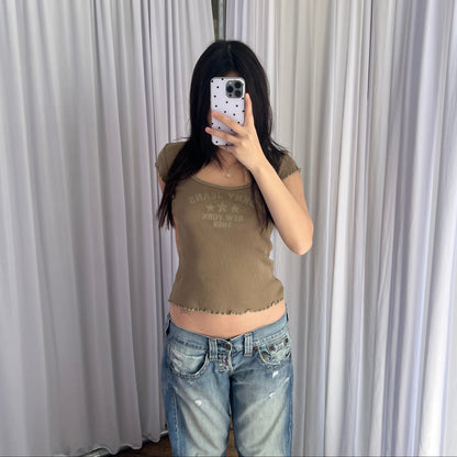 DKNY Khaki Star Graphic Short Sleeve Ribbed Shirt