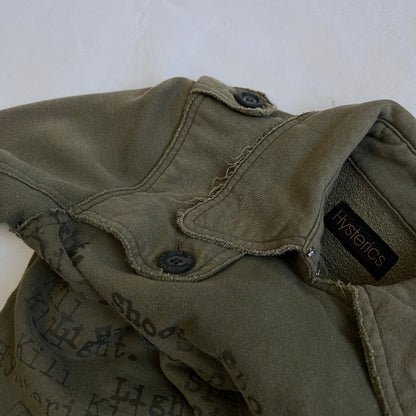 hysterics khaki corpcore asymmetric button faded text graphic collared jacket