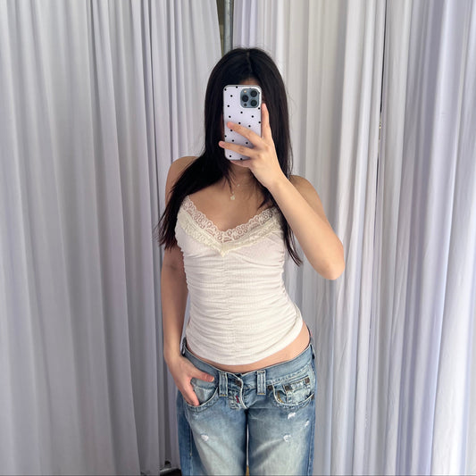 Morgan De Toi White Romantic Balletcore Cream Lace Trim Ruched Fitted Cami Top