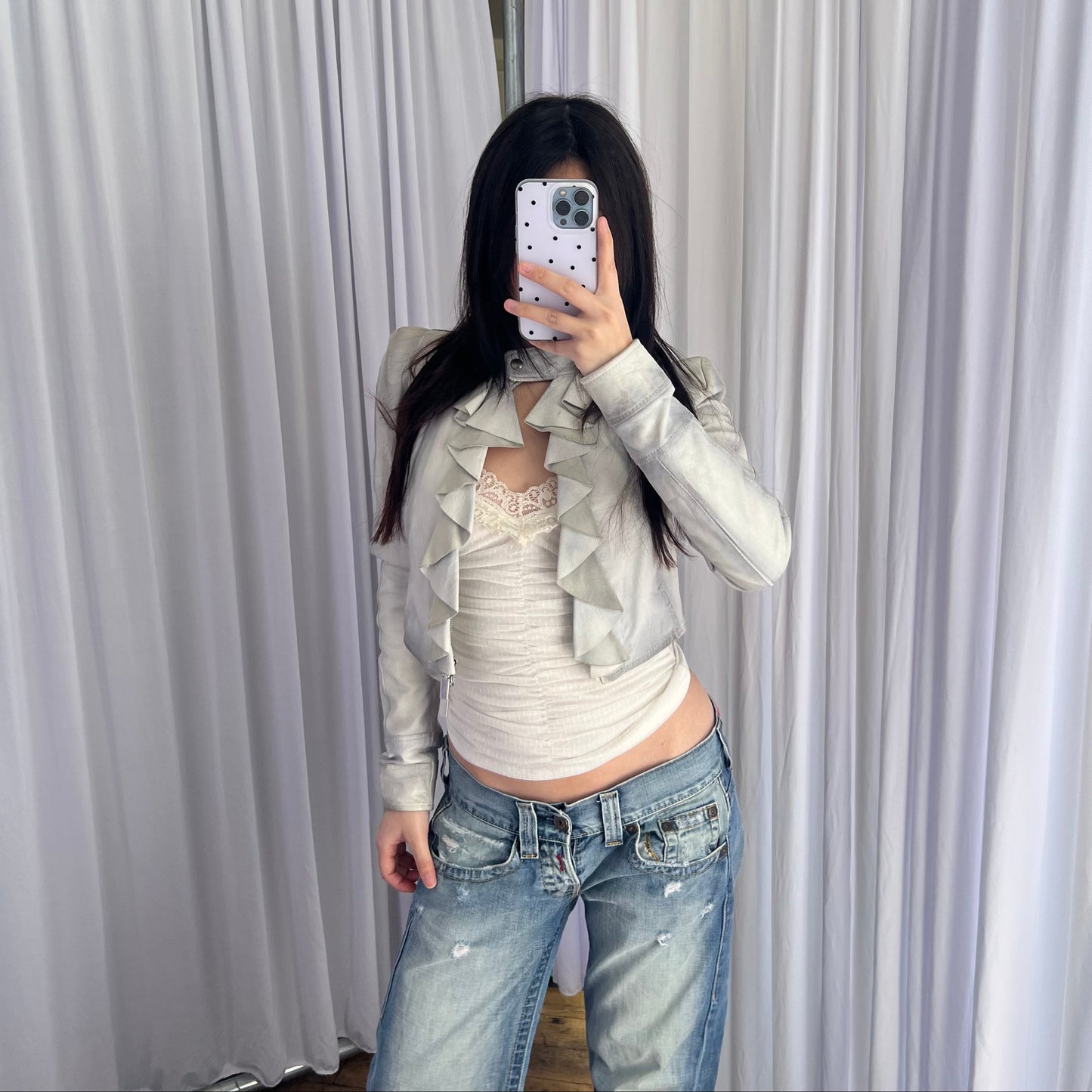 Vintage Flo & Co Light Blue Crop Ruffle Collar Leather Jacket