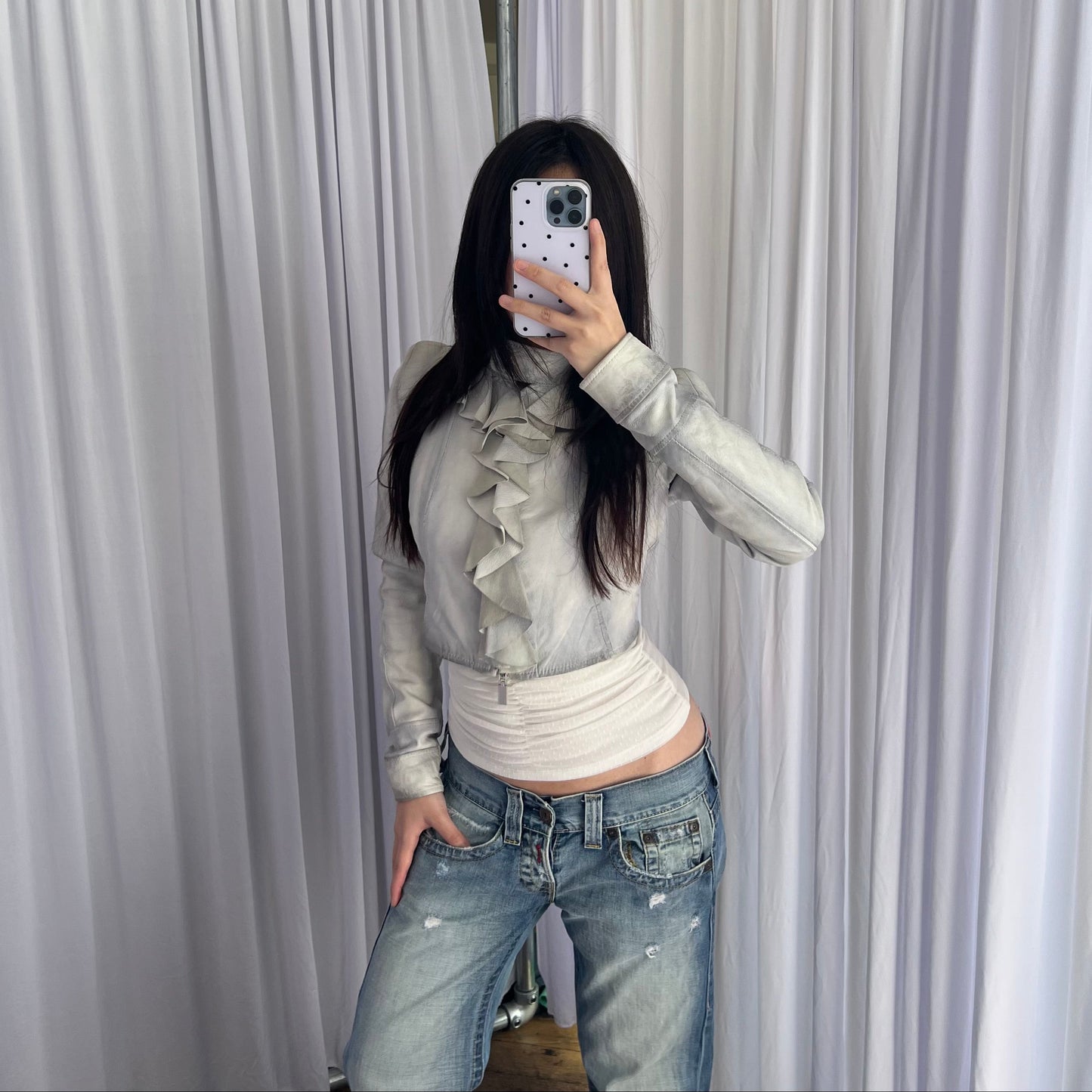 Vintage Flo & Co Light Blue Crop Ruffle Collar Leather Jacket