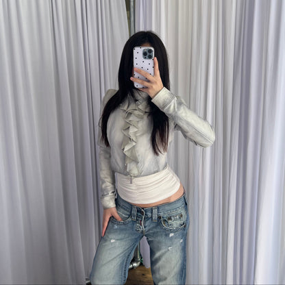 Vintage Flo & Co Light Blue Crop Ruffle Collar Leather Jacket