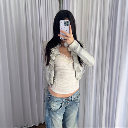 Vintage Flo & Co Light Blue Crop Ruffle Collar Leather Jacket