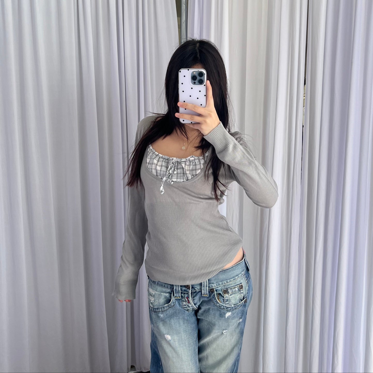 Preppy Grey Etam Milkmaid Layered Ruched Bust Long Sleeve Knit Top