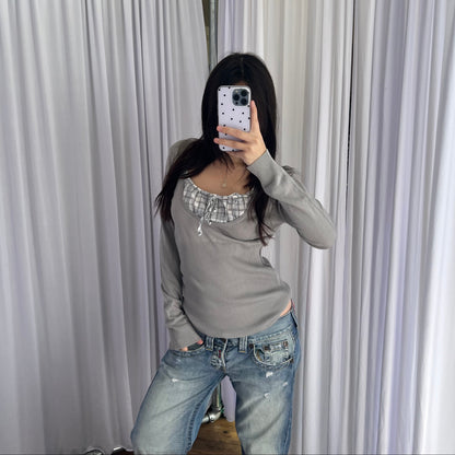 Preppy Grey Etam Milkmaid Layered Ruched Bust Long Sleeve Knit Top