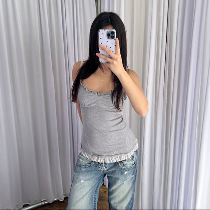 Grey Balletcore High Ruffle Frill Hem Flared Camisole Top