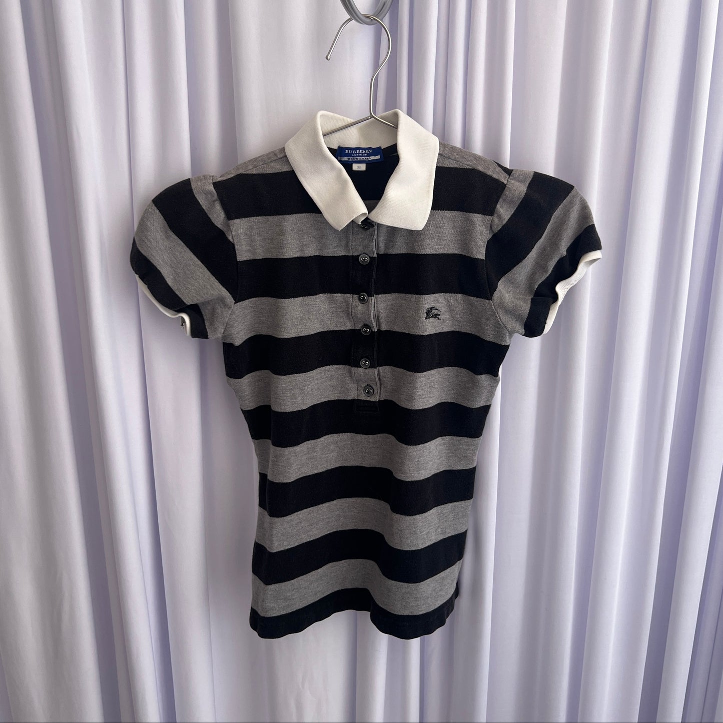 Burberry Blue Label Preppy Black Grey Striped Puff Sleeve Collared Polo Shirt