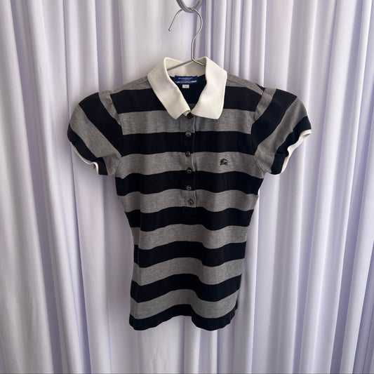 Burberry Blue Label Preppy Black Grey Striped Puff Sleeve Collared Polo Shirt