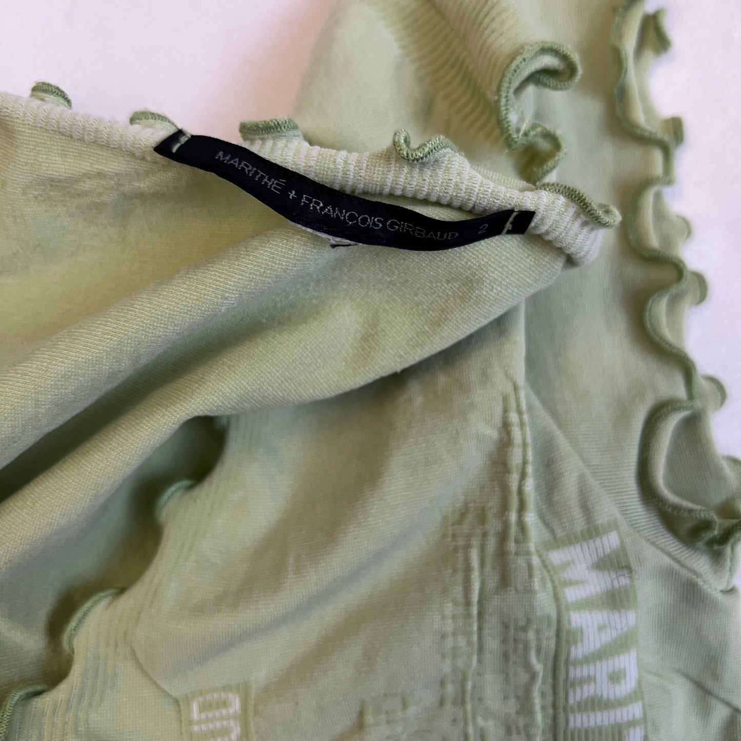 light spring green marithe francois girbaud text graphic fitted short sleeve top