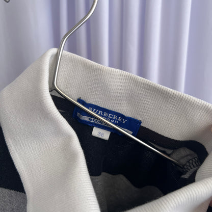 Burberry Blue Label Preppy Black Grey Striped Puff Sleeve Collared Polo Shirt