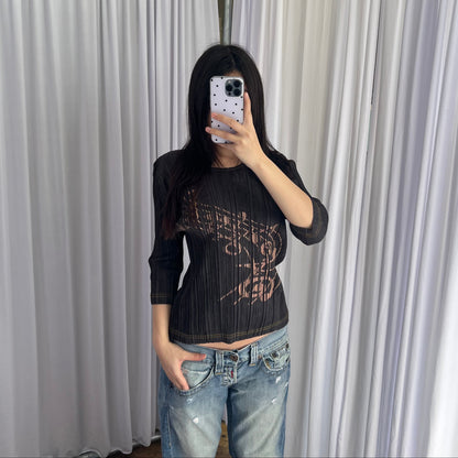 Pleats Please Issey Miyake Denim Grey Blue Pleated Music Print Half Sleeve Top