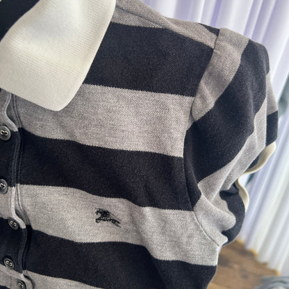 Burberry Blue Label Preppy Black Grey Striped Puff Sleeve Collared Polo Shirt