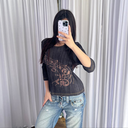 Pleats Please Issey Miyake Denim Grey Blue Pleated Music Print Half Sleeve Top