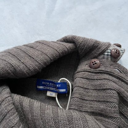 Burberry Blue Label Brown Button Accent Ribbed Turtle Neck Knit Wool Sweater