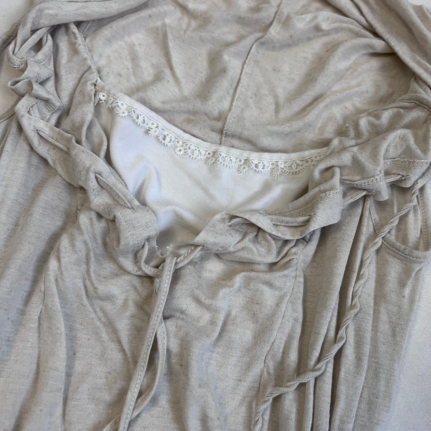 cop copine beige layered tunic ruched lace neckline blouse