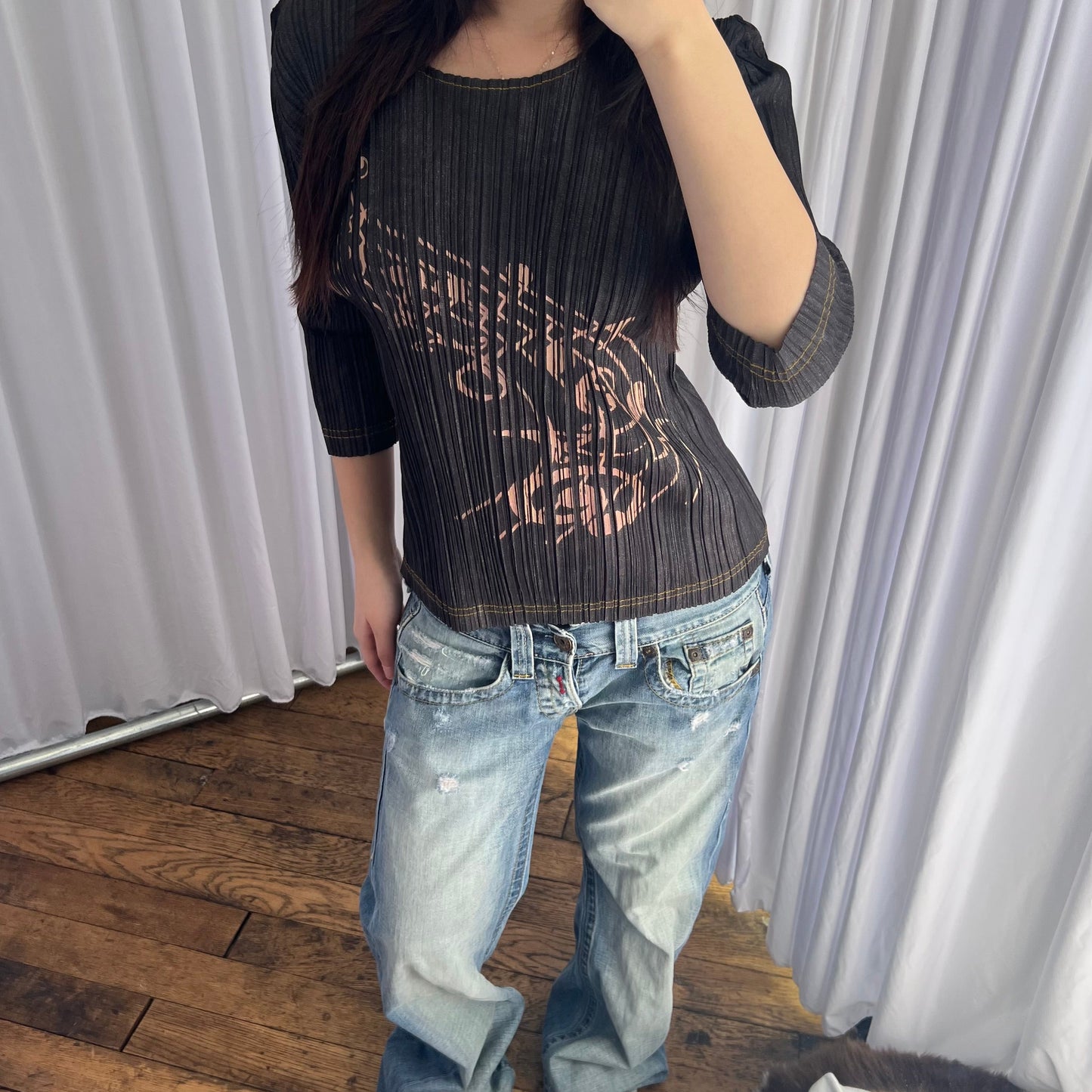 Pleats Please Issey Miyake Denim Grey Blue Pleated Music Print Half Sleeve Top