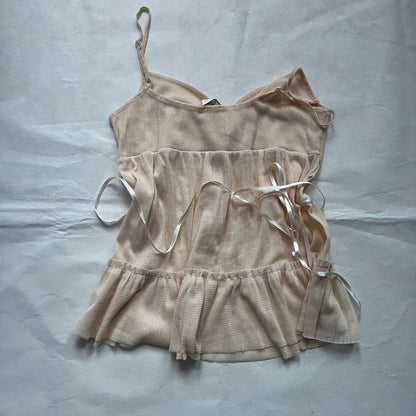 Kookai Apricot Beige Ruched Bust Ruffle Hem Criss Cross Babydoll Camisole