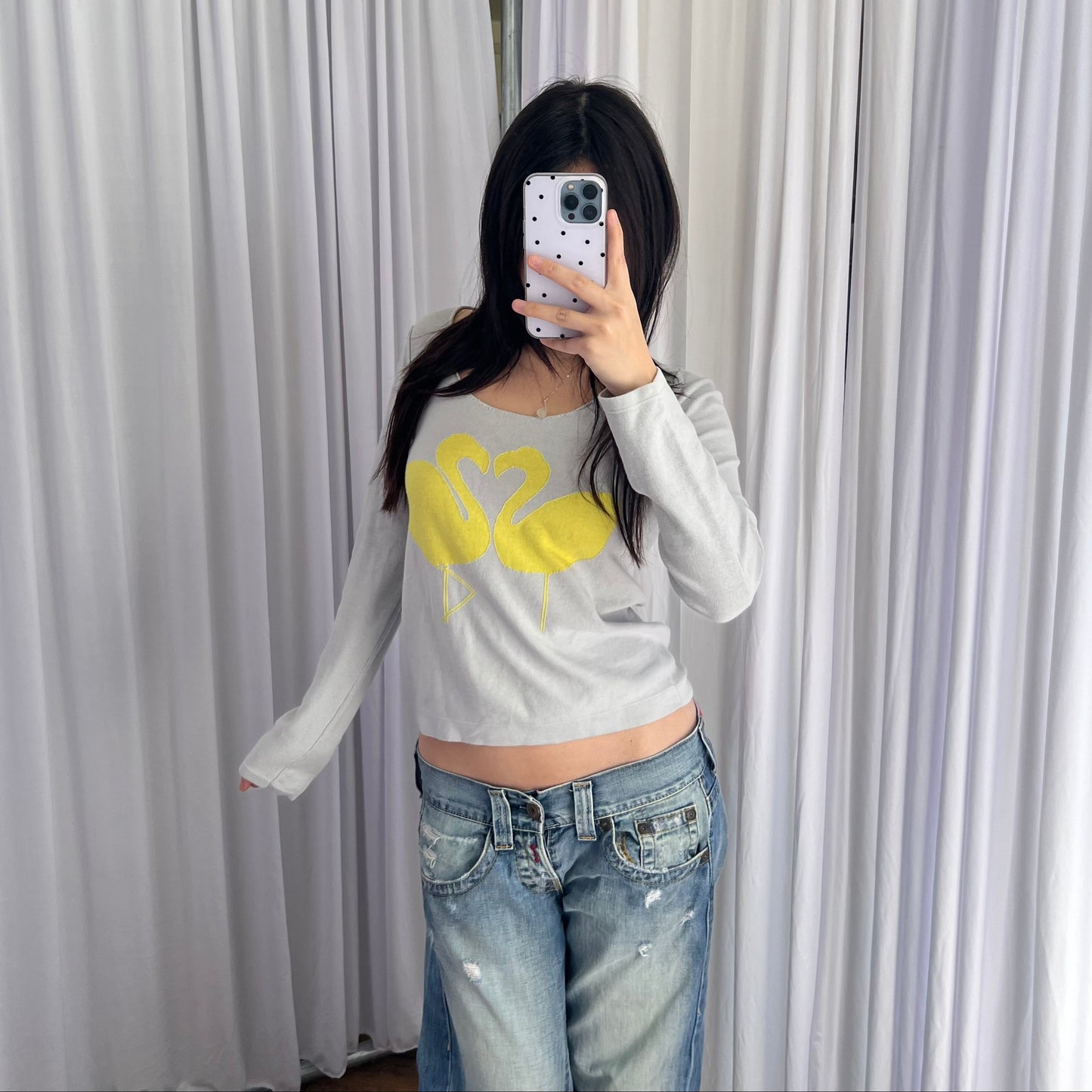 Sonia Rykiel Baby Blue Yellow Twin Swan Long Sleeve Fine Knit Top