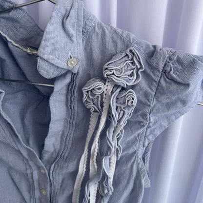 Kocca Preppy Blue French Cap Sleeve Rosette Fringe Fitted Blouse Shirt