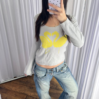 Sonia Rykiel Baby Blue Yellow Twin Swan Long Sleeve Fine Knit Top