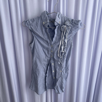 Kocca Preppy Blue French Cap Sleeve Rosette Fringe Fitted Blouse Shirt