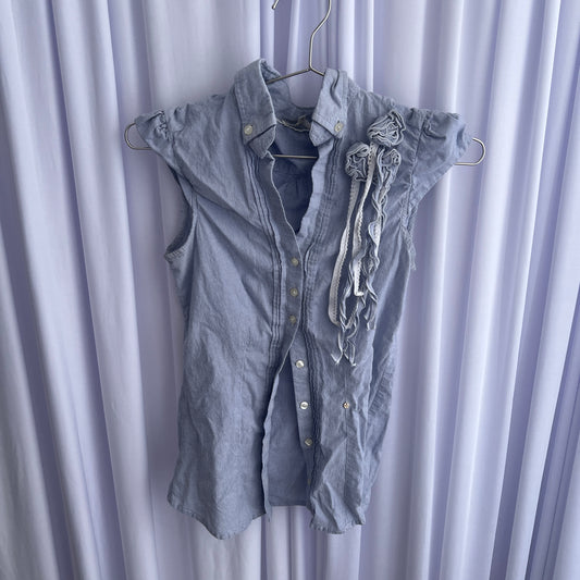 Kocca Preppy Blue French Cap Sleeve Rosette Fringe Fitted Blouse Shirt
