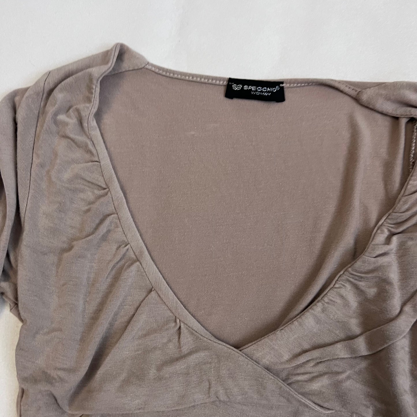 speccio beige balletcore wrap style asymmetric hem long sleeve shirt