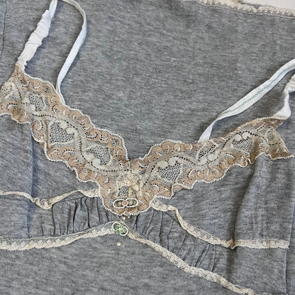 romantic grey elisa caveletti beige lacey ruched pastel button midi dress