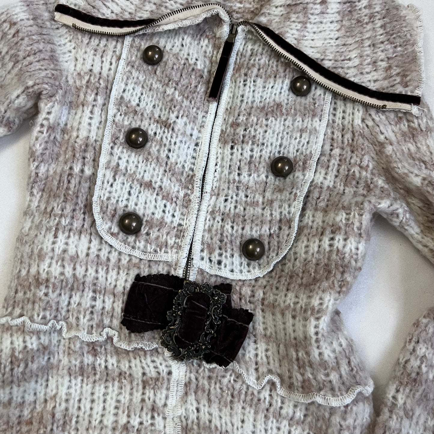 zone bleue speckled brown wide collared knit zip velvet ribbon belt cardigan jacket