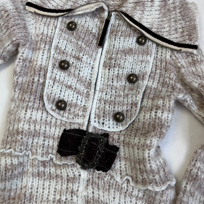 zone bleue speckled brown wide collared knit zip velvet ribbon belt cardigan jacket