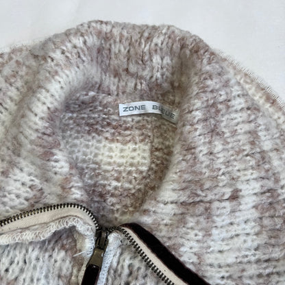 zone bleue speckled brown wide collared knit zip velvet ribbon belt cardigan jacket