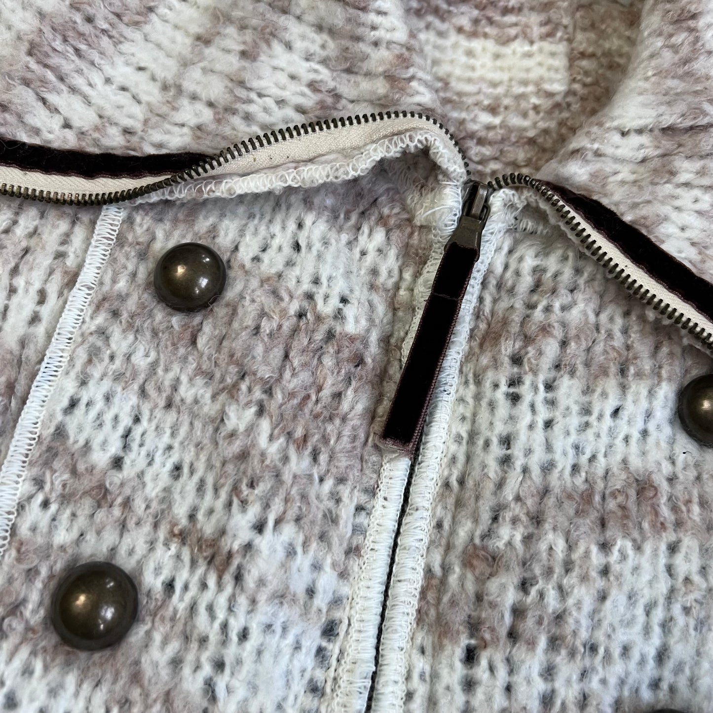 zone bleue speckled brown wide collared knit zip velvet ribbon belt cardigan jacket