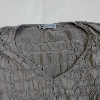 beige sarah pacini ruched 3/4 sleeve fitted top