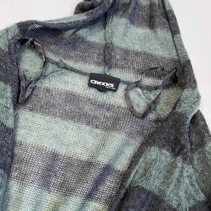 vintage creeks mohair blend grey green striped open wrap long sleeve hooded cardigan