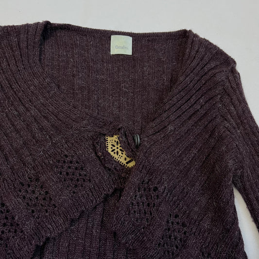 boho camieu purple long sleeve crop bolero knit gold ornamental brooch top
