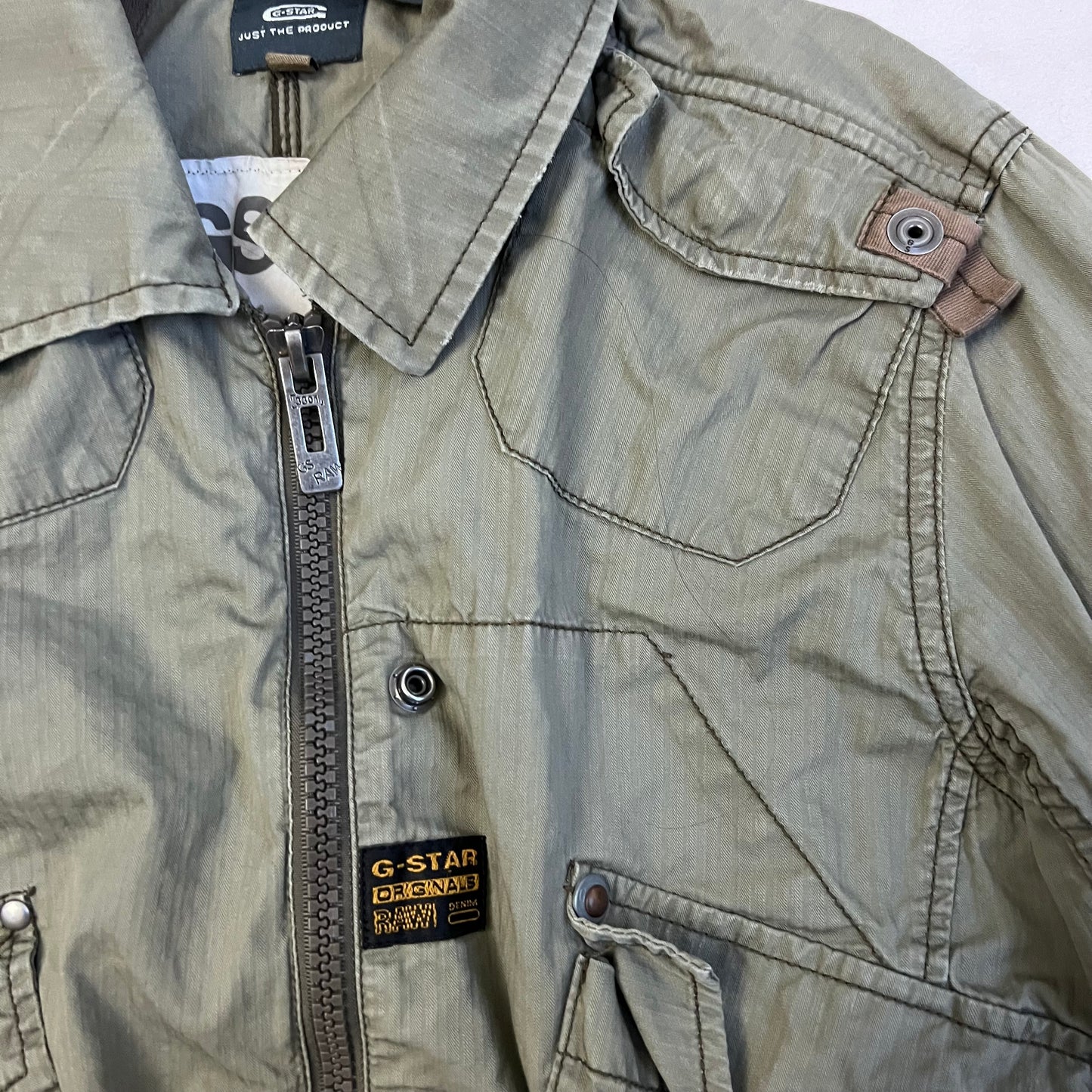 khaki g-star raw long sleeve utility style neck buckle jacket