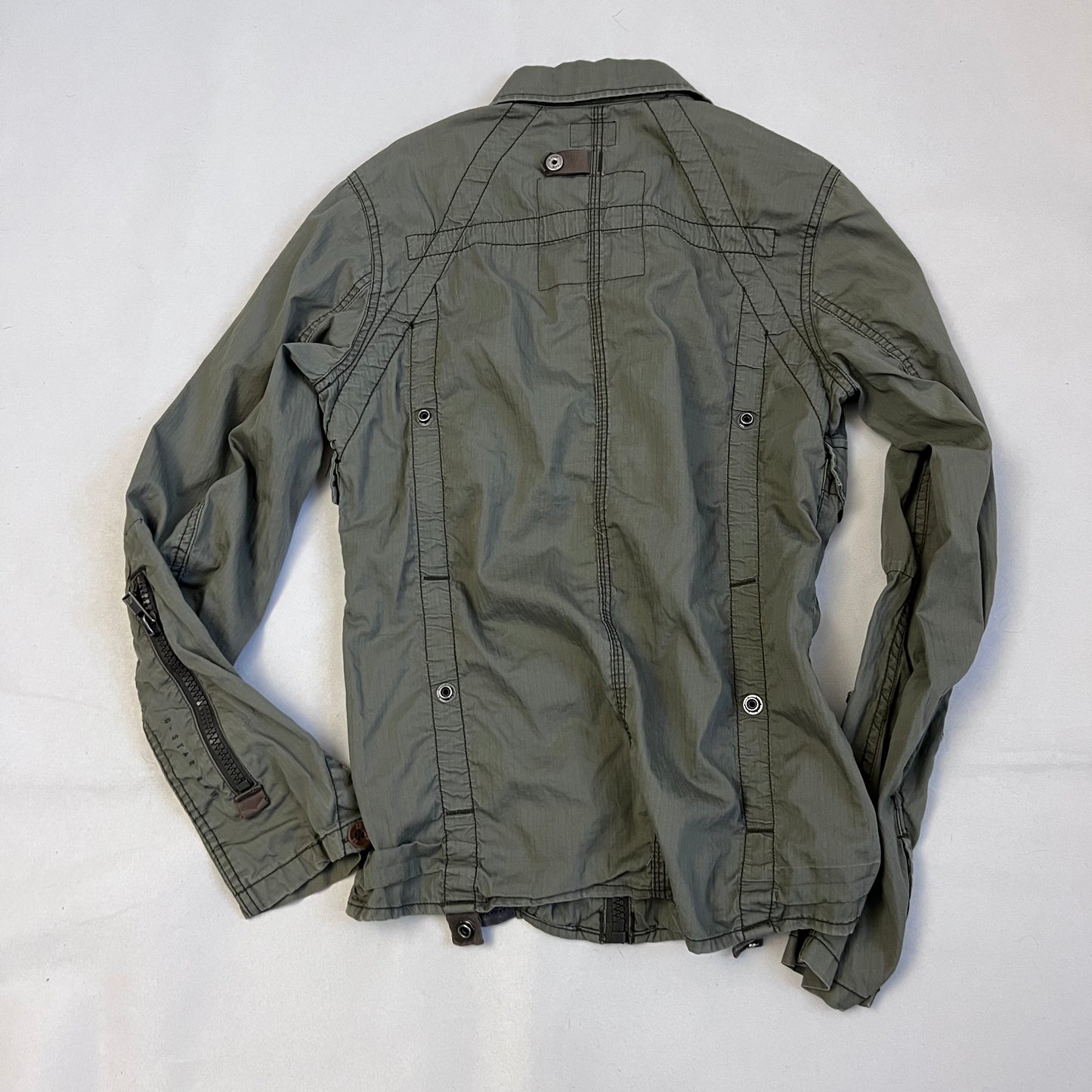 khaki g-star raw long sleeve utility style neck buckle jacket
