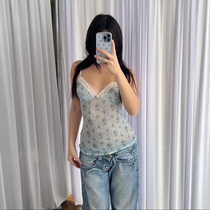 D&G Baby Blue Floral White Lace Trim Bustier Camisole