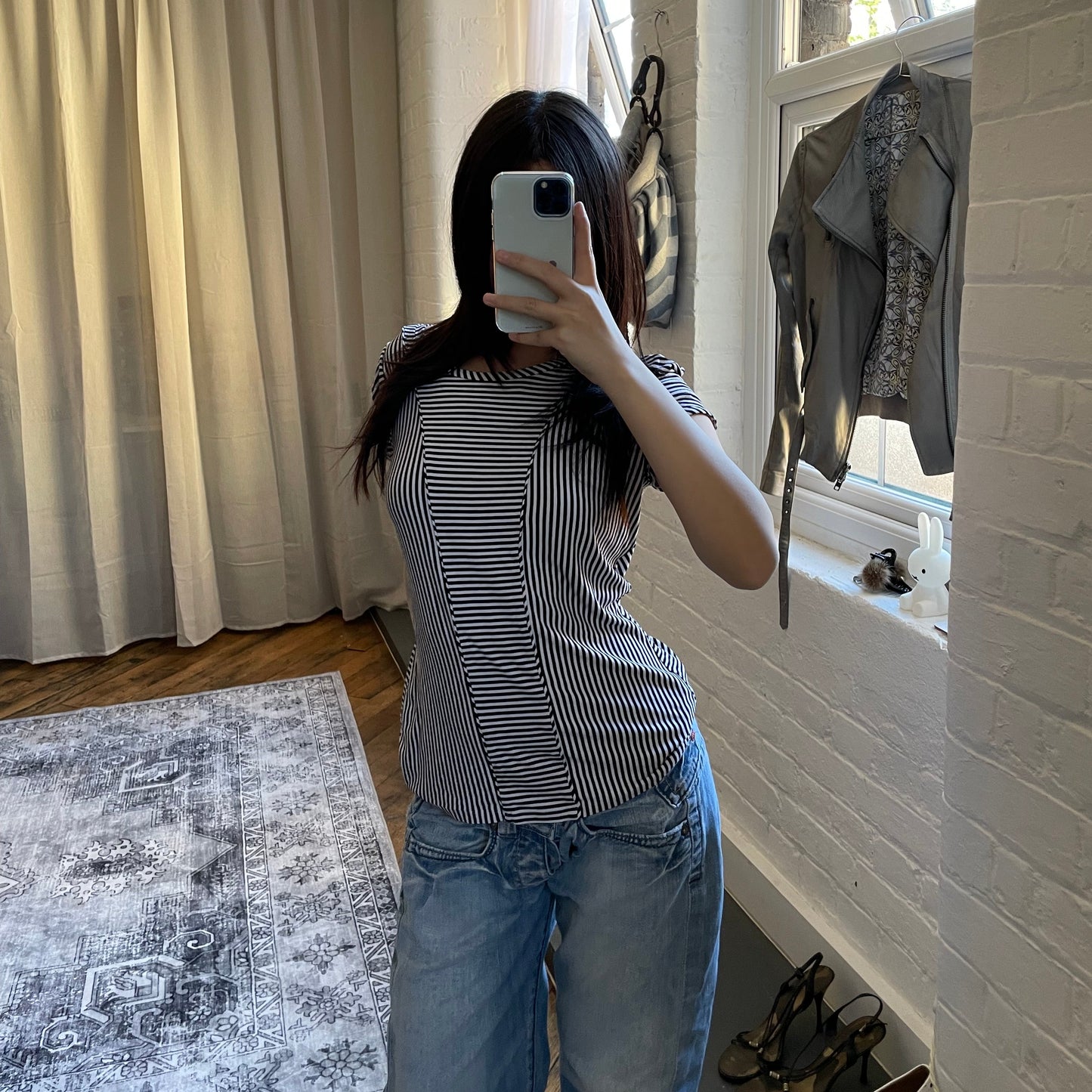 sportmax black white black reversible 1/4 button diagonal striped t shirt