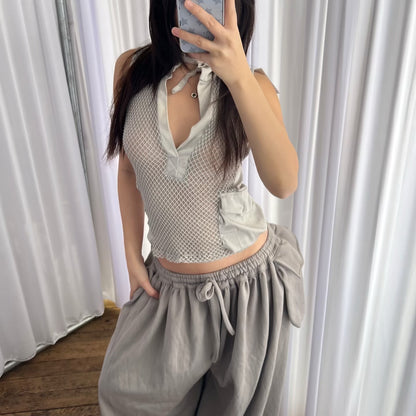 Annarita N Fishnet Layered Utility High Neck Tie V Neck Vest Top