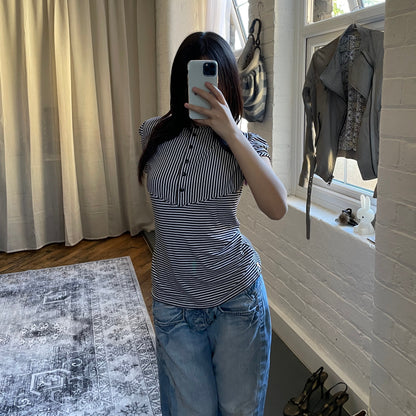 sportmax black white black reversible 1/4 button diagonal striped t shirt