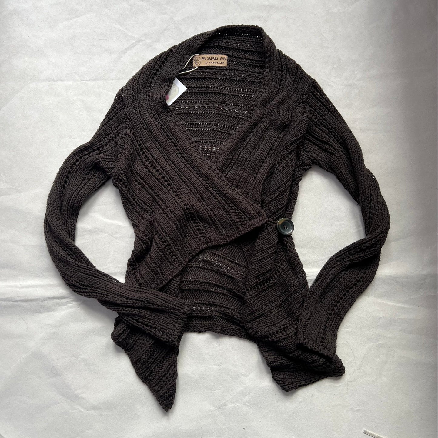 Brown Ribbed Cache Cache Asymmetric Wrap Crop Waterfall Hem Knit Cardigan