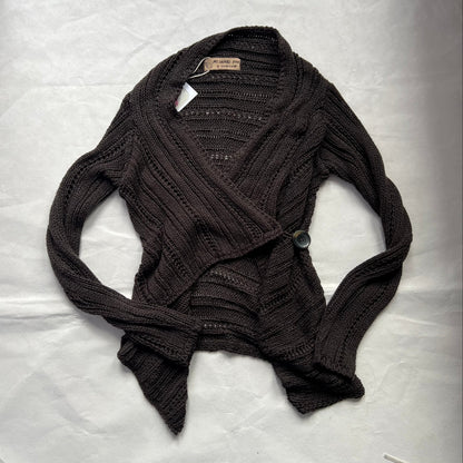 Brown Ribbed Cache Cache Asymmetric Wrap Crop Waterfall Hem Knit Cardigan