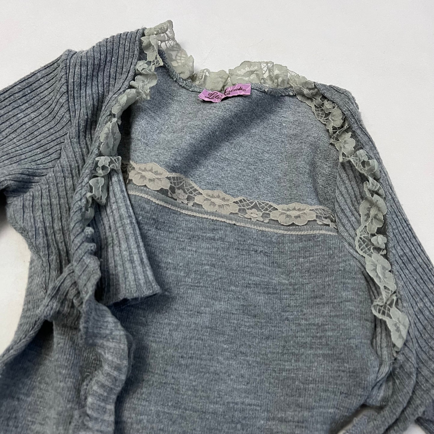 lilu mecredi frilly grey lace trim long sleeve knit bolero and cami two in one layered top