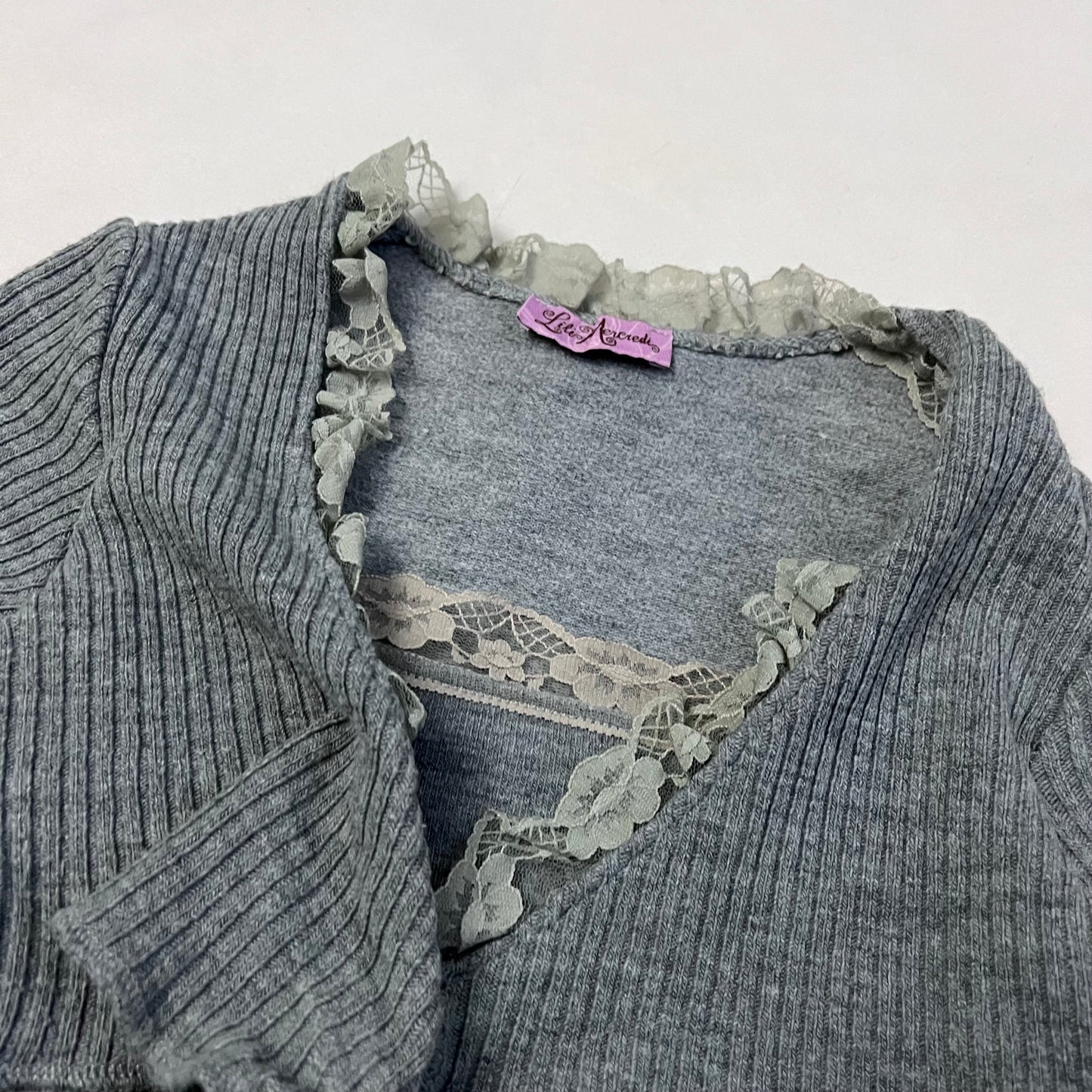 lilu mecredi frilly grey lace trim long sleeve knit bolero and cami two in one layered top